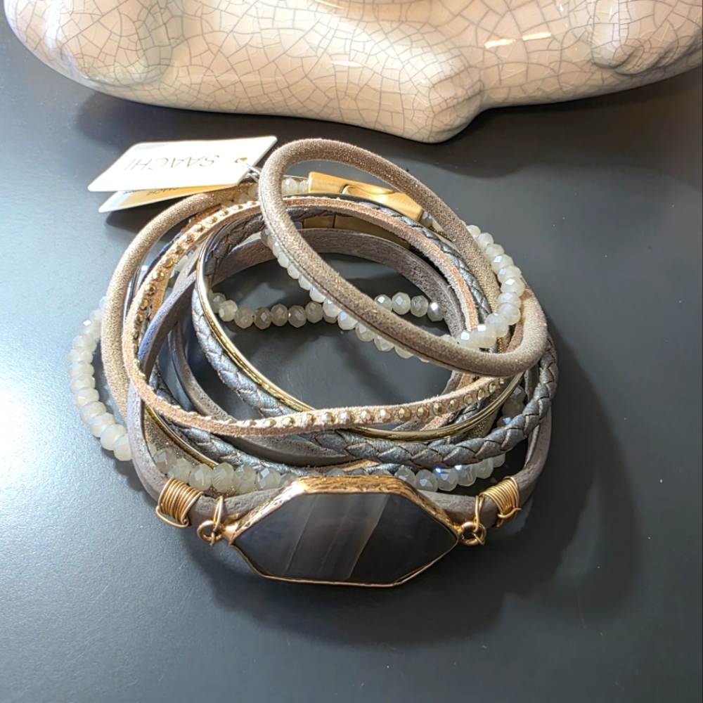 SAACHI Neutral Taupe and Gold Multi-Strand Bracelet Set